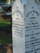 Annie,
wife of W.A. WILSON,
born 22 April 1855,
died 10 Feb 1927;
Mary Jane Stuart ABELL,
infant granddaughter of W.A. & Annie WILSON,
died 11 March 1933;
William Albert WILSON,
born Barnsley Yorkshire England 7 Nov 1855,
died Sandgate 24 June 1943;
Mary,
eldest daughter of W.A. & Annie WILSON,
born Tarong Station 6 Sept 1879,
died Brisbane 12 July 1949;
Evelyn A. WILSON,
daughter of W.A. & A. WILSON,
1884 - 1986;
Alice,
wife of Harold B. WILSON,
died 20 July 1936 aged 35 years;
Bald Hills (Sandgate) cemetery, Brisbane