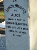 Annie,
wife of W.A. WILSON,
born 22 April 1855,
died 10 Feb 1927;
Mary Jane Stuart ABELL,
infant granddaughter of W.A. & Annie WILSON,
died 11 March 1933;
William Albert WILSON,
born Barnsley Yorkshire England 7 Nov 1855,
died Sandgate 24 June 1943;
Mary,
eldest daughter of W.A. & Annie WILSON,
born Tarong Station 6 Sept 1879,
died Brisbane 12 July 1949;
Evelyn A. WILSON,
daughter of W.A. & A. WILSON,
1884 - 1986;
Alice,
wife of Harold B. WILSON,
died 20 July 1936 aged 35 years;
Bald Hills (Sandgate) cemetery, Brisbane