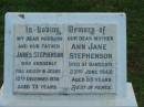 James STEPHENSON,
husband father,
died suddenly 10 Dec 1930 aged 73 years;
Ann Jane STEPHENSON,
mother,
died Sandgate 23 June 1948 aged 88 years;
Percy John Worrall STEPHENSON,
died 6 Feb 1950 aged 61 years;
Oscar James STEPHENSON,
died 23 July 1966 aged 80 years;
Bald Hills (Sandgate) cemetery, Brisbane