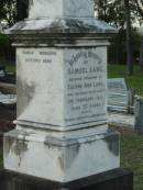 Samuel LANG,
husband of Salome Ann LANG,
died 2 Feb 1917 aged 77 years,
settled Bald Hills 1866;
Bald Hills (Sandgate) cemetery, Brisbane