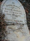 Ellen HENLEY,
died 5 March 1913 aged 70 years;
Jessie COLLINS,
daughter,
died 7 Sept 1895 aged 27 years;
Bald Hills (Sandgate) cemetery, Brisbane
