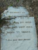 John POTTS,
born 3 Feb 1828,
died 23 Dec 1905 aged 77 years;
Bald Hills (Sandgate) cemetery, Brisbane