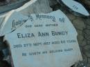 Eliza Ann BUNDY,
mother,
died 27 Sept 1937 aged 64 years;
Mary,
wife of Samuel UNWIN,
died 17 July 1917 in 72nd year;
Samuel UNWIN,
died 8 Feb 1920 in 74th year;
Ellen Henrietta,
wife of late Frank DAY,
died 9 Jan 1932 aged 44 years;
Margaret Dothorty,
wife of David UNWIN,
died 14 Jan 1915? aged 39 years;
Elizabeth Virtue UNWIN,
died 20 June 1949 aged 72 years;
Bald Hills (Sandgate) cemetery, Brisbane
