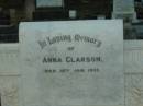 Anna CLARSON,
died 10 Jan 1932;
Bald Hills (Sandgate) cemetery, Brisbane