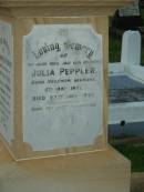 Julia PEPPLER,
wife mother,
born Hagenow Germany 5 May 1857,
died 27 Aug 1927;
Eric Amadeus Frederick,
husband of Fanny Julia TIDD,
father of Norma,
born Kogarah NSW 16 March 1892,
accidentally killed 15 April 1927;
Arthur CORTEN,
??? of Paul & Julia PEPPLER,
born 19 Sept 1914,
died 18 Feb 1918;
Bald Hills (Sandgate) cemetery, Brisbane