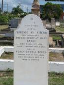 
Florence Baxter Berry
only daughter of Thomas Henry and Mary Berry
died Mar 21 1876 aged 7 months 3 days

Percy Sewell Berry
fourth son of above
died Nov 26 1882 aged 13 months

Sherwood (Anglican) Cemetery, Brisbane
