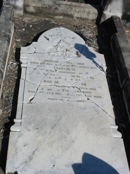 Eberhard Hoelscher Born 6 Nov 1827, Died 25th Mar 1877  | Charlotte (infant dau of Eberhard and Magdalene) Hoelscher died 3 Mar 1878  | Magdalene Bowden... wife of Evelyn Bowden Born 2 Jul 1838, Died 13 Nov 1908  | Anglican Cemetery, Sherwood.  |   | 