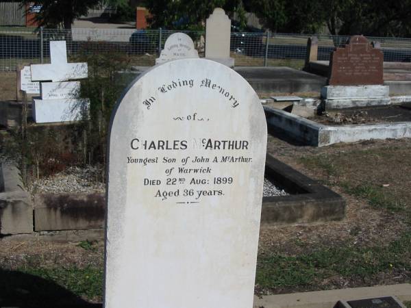 Charles McArthur (youngest son John A McArthur)  | Died 22 Aug 1899 aged 36  | Anglican Cemetery, Sherwood.  |   |   | 