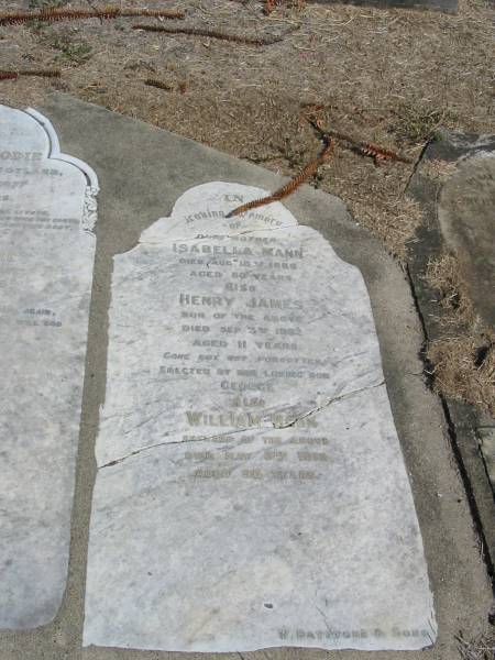 Isabella Mann  | Died Aug 18 1886 aged 60  | Henry James (Mann)  | Son of above  | Died Sep 3 1882 aged 11 Years  | erected by son George  | Also William Mann husband of above  | May 3 1919 aged 90 years  | Sherwood (Anglican) Cemetery, Brisbane  | 