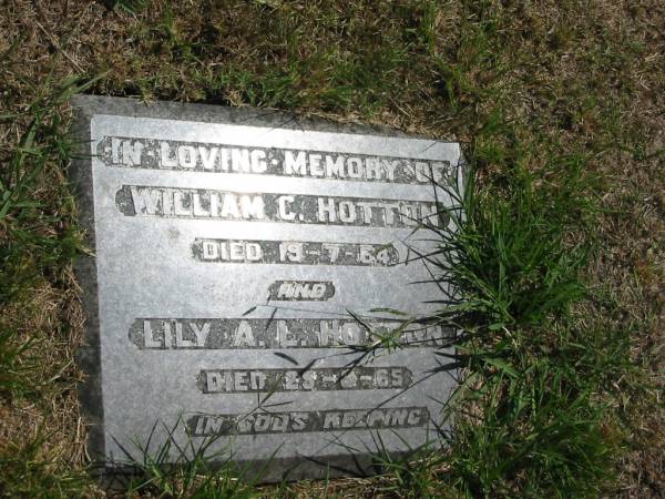 William C Hotton  | 19-7-64  | Lily A.L. Hotton  | 25-8-65  |   | Sherwood (Anglican) Cemetery, Brisbane  | 