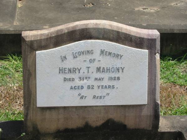 Henry T Mahony  | 31 May 1928 aged 82  |   | Sherwood (Anglican) Cemetery, Brisbane  | 