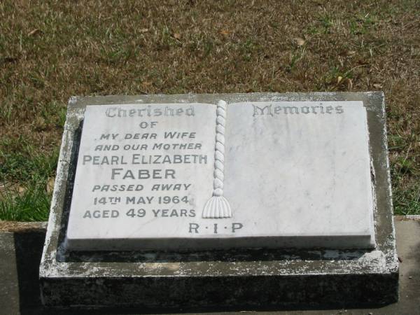 Pearl Elizabeth FABER  | 14 May 1964 aged 49  |   | Sherwood (Anglican) Cemetery, Brisbane  | 
