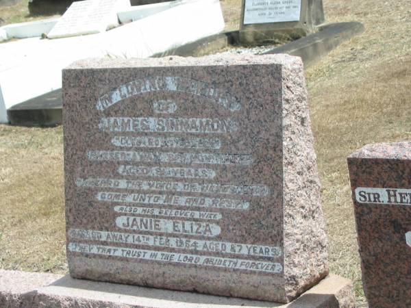 James SINNAMON  | 8 Nov 1942  | aged 84  | and wife  | Janie Eliza  | 14 Feb 1954 aged 87  |   | Sherwood (Anglican) Cemetery, Brisbane  |   | 