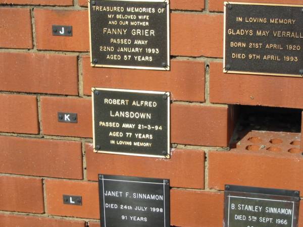 Robert Alfred LANSDOWN  | 21-3-94 aged 77  |   | Sherwood (Anglican) Cemetery, Brisbane  |   | 