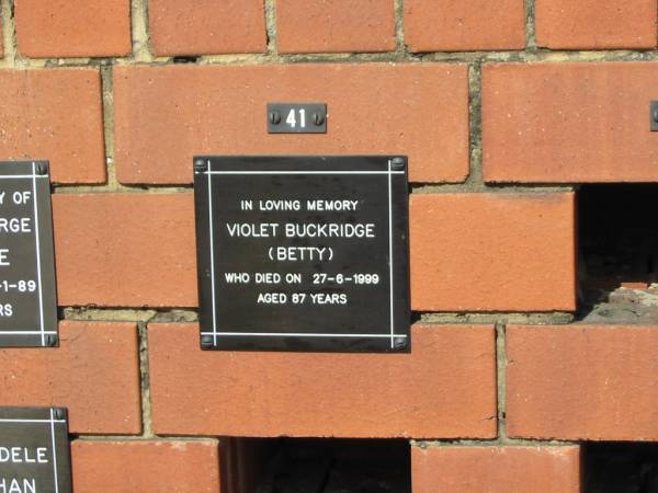 Violet Buckridge (Betty)  | 27-6-1999  | aged 87  |   | Sherwood (Anglican) Cemetery, Brisbane  |   | 