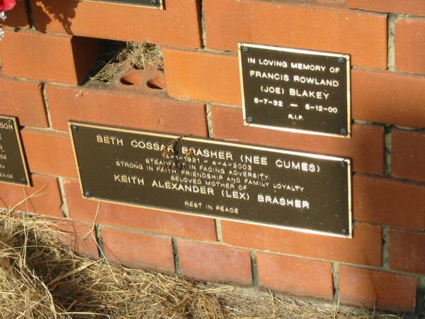 Beth Cossar BRASHER (nee CUMES)  | 14-1-1921 to 4-4-2003  | mother of  | Keith Alexander (Lex) BRASHER  |   | Sherwood (Anglican) Cemetery, Brisbane  | 