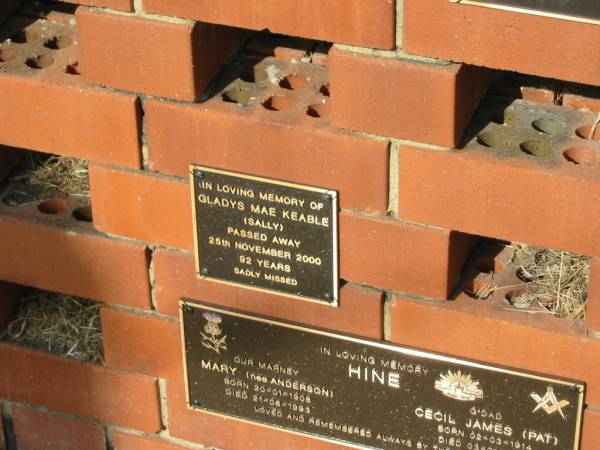 Gladys Mae KEABLE  | (Sally)  | 25 Nov 2000  | aged 92 yrs  |   | Sherwood (Anglican) Cemetery, Brisbane  | 