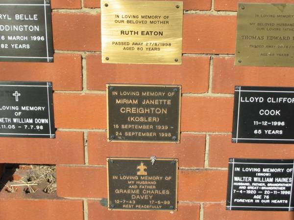 Miriam Janette CREIGHTON (KOSLER)  | 15 Sep 1939 to 24 Sep 1998  |   | Sherwood (Anglican) Cemetery, Brisbane  | 