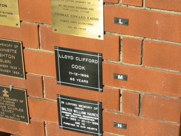 Lloyd Clifford COOK  | 11-12-1996 aged 65 yrs  |   | Sherwood (Anglican) Cemetery, Brisbane  | 