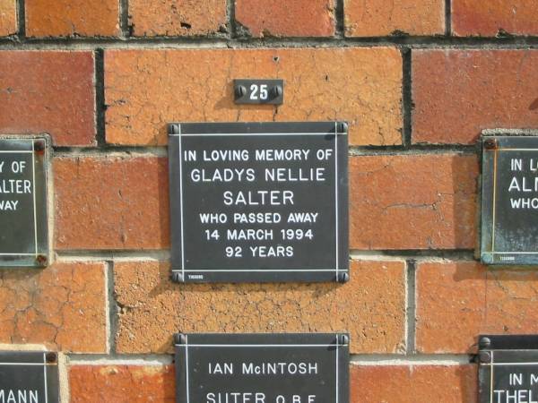 Gladys Nellie SALTER  | 14 Mar 1994  | 92 yrs  |   | Sherwood (Anglican) Cemetery, Brisbane  | 