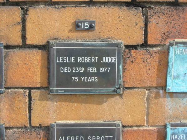 Leslie Robert JUDGE  | 23 Feb 1977  | age 75  |   | Sherwood (Anglican) Cemetery, Brisbane  | 
