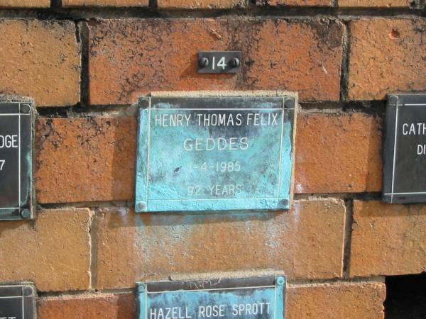 Henry Thomas Felix GEDDES  | 1-4-1985  | 92 years  |   | Sherwood (Anglican) Cemetery, Brisbane  | 