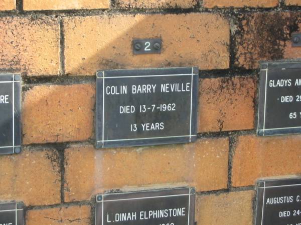 Colin Barry NEVILLE  | 13-7-1962  | aged 13 yrs  |   | Sherwood (Anglican) Cemetery, Brisbane  | 