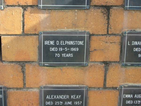 Irene D ELPHINSTONE  | 19-5-1969  | 70 yrs  |   | Sherwood (Anglican) Cemetery, Brisbane  | 