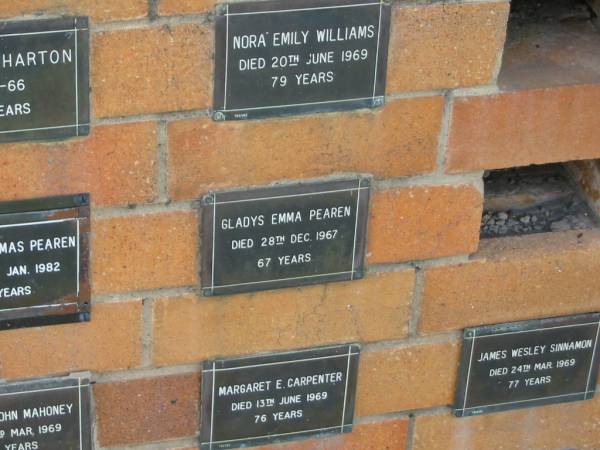 Gladys Emma PEAREN  | 28 Dec 1967  | 67 yrs  |   | Sherwood (Anglican) Cemetery, Brisbane  | 