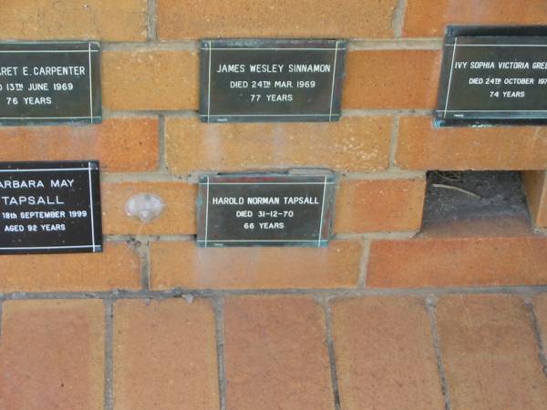 Harold Norman TAPSALL  | 31-12-70  | 66 yrs  |   | Sherwood (Anglican) Cemetery, Brisbane  | 