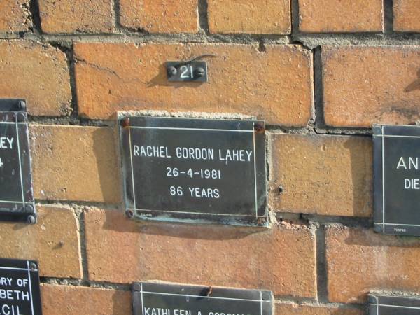 Rachel Gordon LAHEY  | 26-4-1981  | 86 yrs  | Sherwood (Anglican) Cemetery, Brisbane  | 