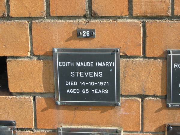 Edith Maude (Mary) STEVENS  | 14-10-1971  | 65 yrs  | Sherwood (Anglican) Cemetery, Brisbane  | 
