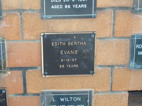 Edith Bertha EVANS  | 2-12-97  | 85 yrs  |   | Sherwood (Anglican) Cemetery, Brisbane  | 