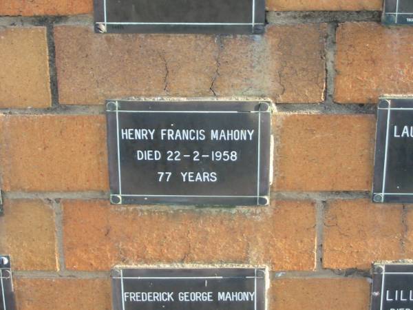 Henry Francis MAHONY  | 22-2-1958  | 77 yrs  |   | Sherwood (Anglican) Cemetery, Brisbane  | 