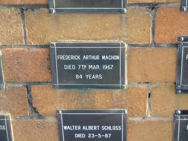Frederick Arthur MACHON  | 7 Mar 1967  | 84 yrs  |   | Sherwood (Anglican) Cemetery, Brisbane  | 