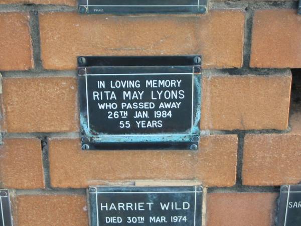 Rita May LYONS  | 26 Jan 1984  | 55 yrs  |   | Sherwood (Anglican) Cemetery, Brisbane  | 