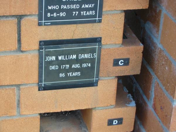 John William DANIELS  | 17 Aug 1974  | 86 yrs  |   | Sherwood (Anglican) Cemetery, Brisbane  | 