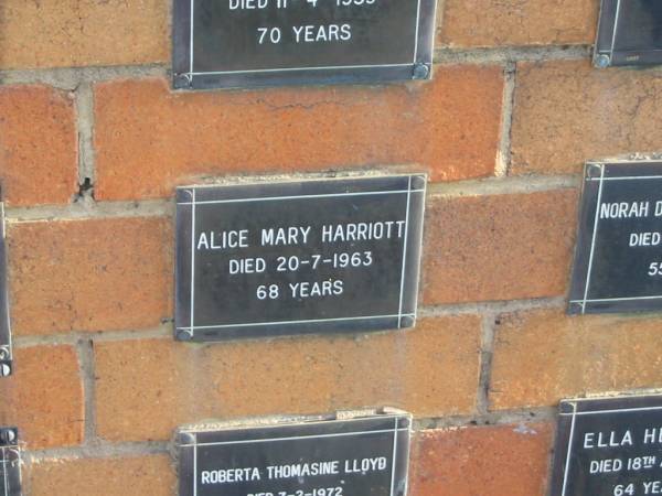 Alice Mary HARRIOTT  | 20-7-1963  | 68 yrs  |   | Sherwood (Anglican) Cemetery, Brisbane  | 