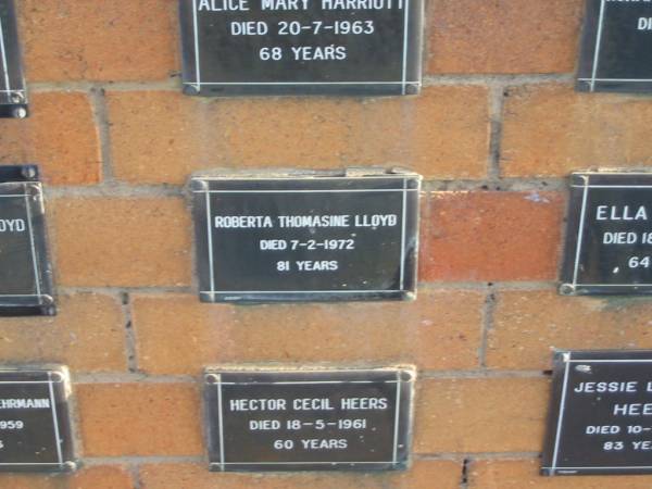 Roberta Thomasine LLOYD  | 7-2-1972  | 81 yrs  |   | Sherwood (Anglican) Cemetery, Brisbane  | 