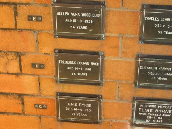 Frederick George NASH  | 14-1-1961  | 76 yrs  |   | Sherwood (Anglican) Cemetery, Brisbane  | 