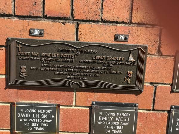 Janet May BRADLEY (nee WATTS)  | b: 10 Jun 1915  | d: 2 Mar 1983 aged 68  |   | Lewis BRADLEY  | b: 1 Feb 1915  | d: 10 Jun 2011 aged 96  |   | parents of Robert and Ann  |   | Sherwood (Anglican) Cemetery, Brisbane  |   |   | 