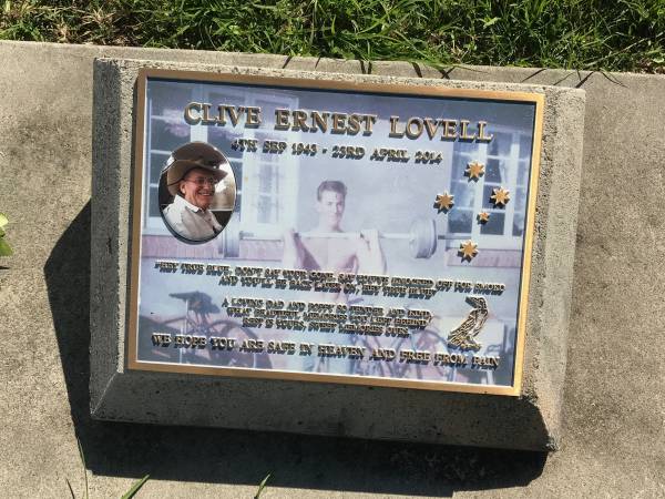 Clive Ernest LOVELL  | b: 4 Sep 1943  | d: 23 AQpr 2014  |   | Sherwood (Anglican) Cemetery, Brisbane  |   | 