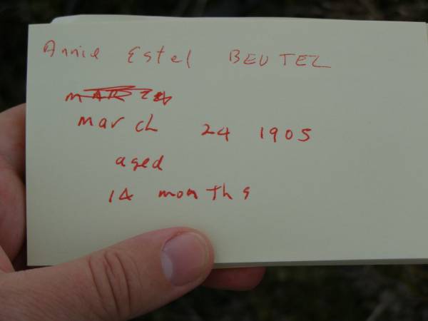 Annie Estel BEUTEL,  | died 24 March 1905 aged 14 months;  | Silverleigh Lutheran cemetery, Rosalie Shire  | 