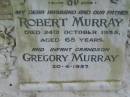 
David MURRAY,
died 25 Nov 1893 aged 54 years;
Janet, wife,
died 3 June 1911 aged 65 years;
Robert MURRAY, husband father,
died 24 Oct 1935 aged 65 years;
Gregory MURRAY, infant grandson,
20-4-1957;
Slacks Creek St Marks Anglican cemetery, Daisy Hill, Logan City
