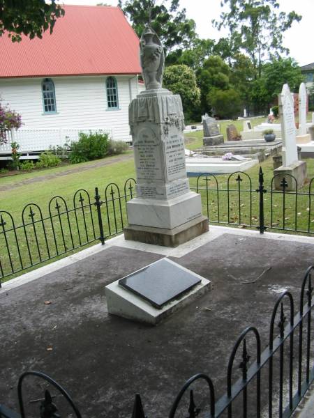 John MORROW junior,  | died 19 Feb 1907 aged 22 years;  | Harriet Ann, wife of John MORROW,  | died 25 Feb 1942 aged 84 years;  | Dr John MORROW,  | 1913 - 1983,  | grandson of John MORROW senior;  | John MORROW,  | father of John MORROW junior,  | died 31 Aug 1920 aged 77 years;  | James,  | died 12 May 1915 aged 33 years;  | Charles,  | died of wounds in France 8 Sept 1918 aged 30 years;  | John;  | sons & grandsons;  | Slacks Creek St Mark's Anglican cemetery, Daisy Hill, Logan City  | 