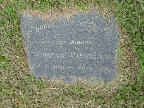Norman BISPHAM, husband,  | 16-5-1902 - 22-1-1980;  | Slacks Creek St Mark's Anglican cemetery, Daisy Hill, Logan City  | 