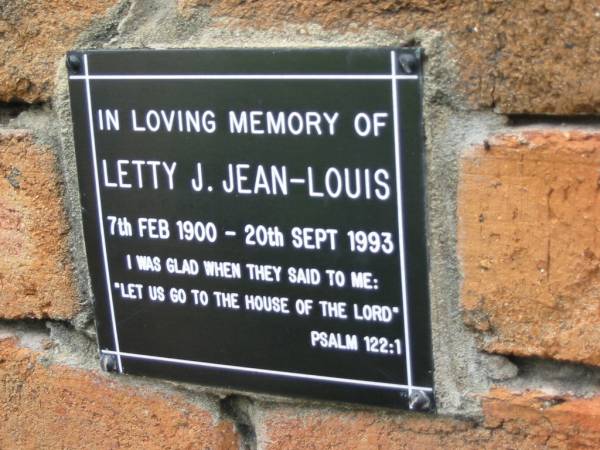 Letty J. JEAN-LOUIS,  | 7 Feb 1900 - 20 Sept 1993;  | Slacks Creek St Mark's Anglican cemetery, Daisy Hill, Logan City  | 