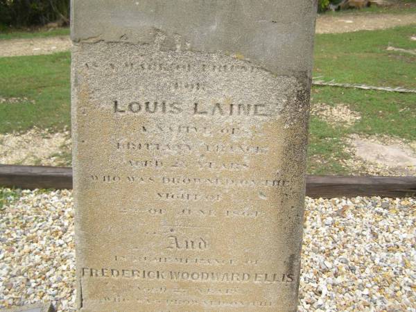 Louis LAINE,  | native of Brittany France,  | drowned 2 June 1864 aged 25 years;  | Frederick Woodward ELLIS,  | drowned 2 June 1864 aged 27 years;  | South West Rocks, New South Wales  | 