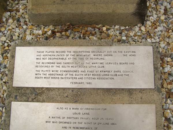 Louis LAINE,  | native of Brittany France,  | drowned 2 June 1864 aged 25 years;  | Frederick Woodward ELLIS,  | drowned 2 June 1864 aged 27 years;  | South West Rocks, New South Wales  | 