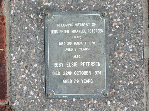Jens Peter Immanuel PETERSEN  | (Pete)  | 3 Jan 1970  | 81 yrs  |   | Ruby Elsie PETERSEN  | 22 Oct 1974  | 79 yrs  |   | St Margarets Anglican memorial garden, Sandgate, Brisbane  |   | 